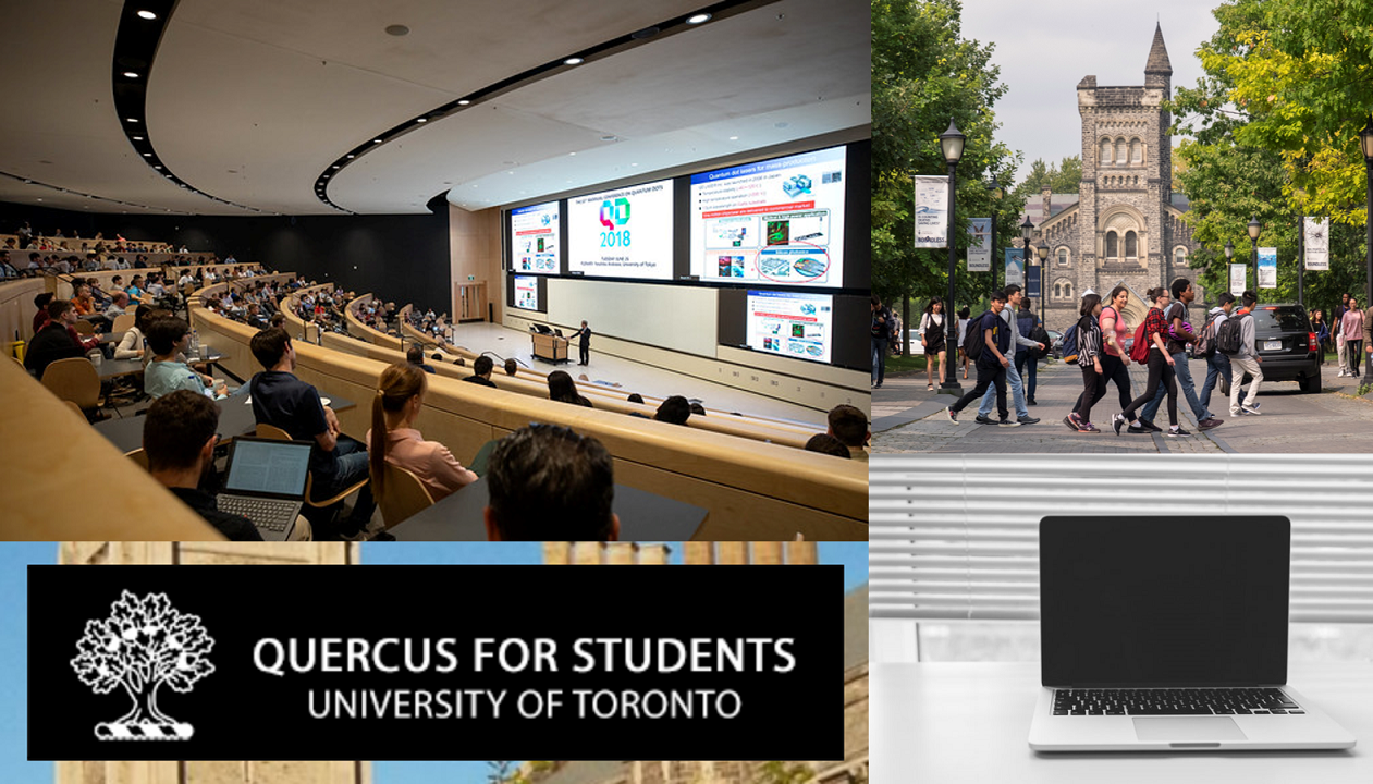 Images of lecture halls of people at U of T, people crossing the street at U of T, an image of the Quercus for Students resource page, and an image of a laptop to suggest topics related to online learning.