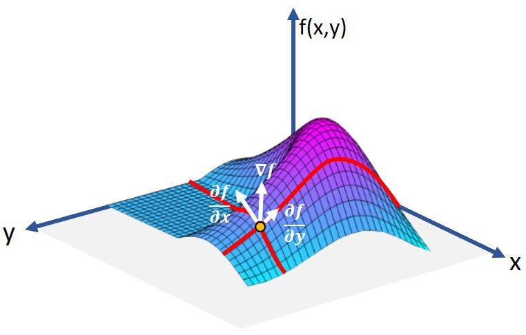 Graph of an arbitrary 3D function f(x,y), with the partial derivative and gradient vectors drawn at an arbitrary point.