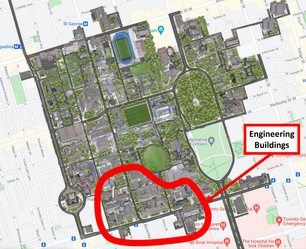 An image of U of T's St. George Campus with part of the southern portion of it surrounded with a red outline. There is an arrow pointing at the outline, and a box attached to that arrow. In the box, it says “Engineering Buildings”.