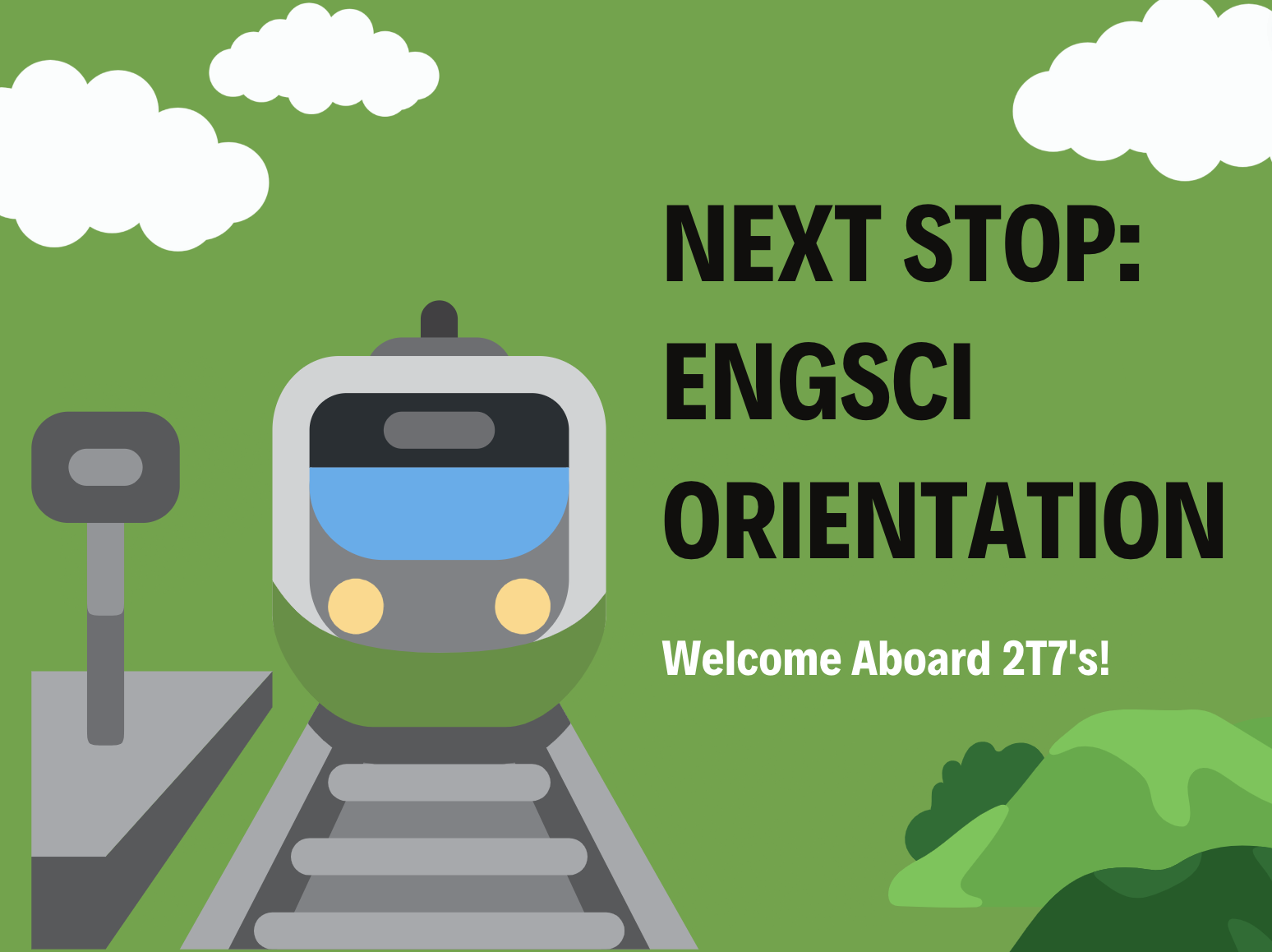 Title: EngSci Summer Orientation Program Welcome Graphic
Description: An image representation of the EngSci Summer Orientation Program, featuring a train making a station stop representing the start of the EngSci Orientation Program. 
