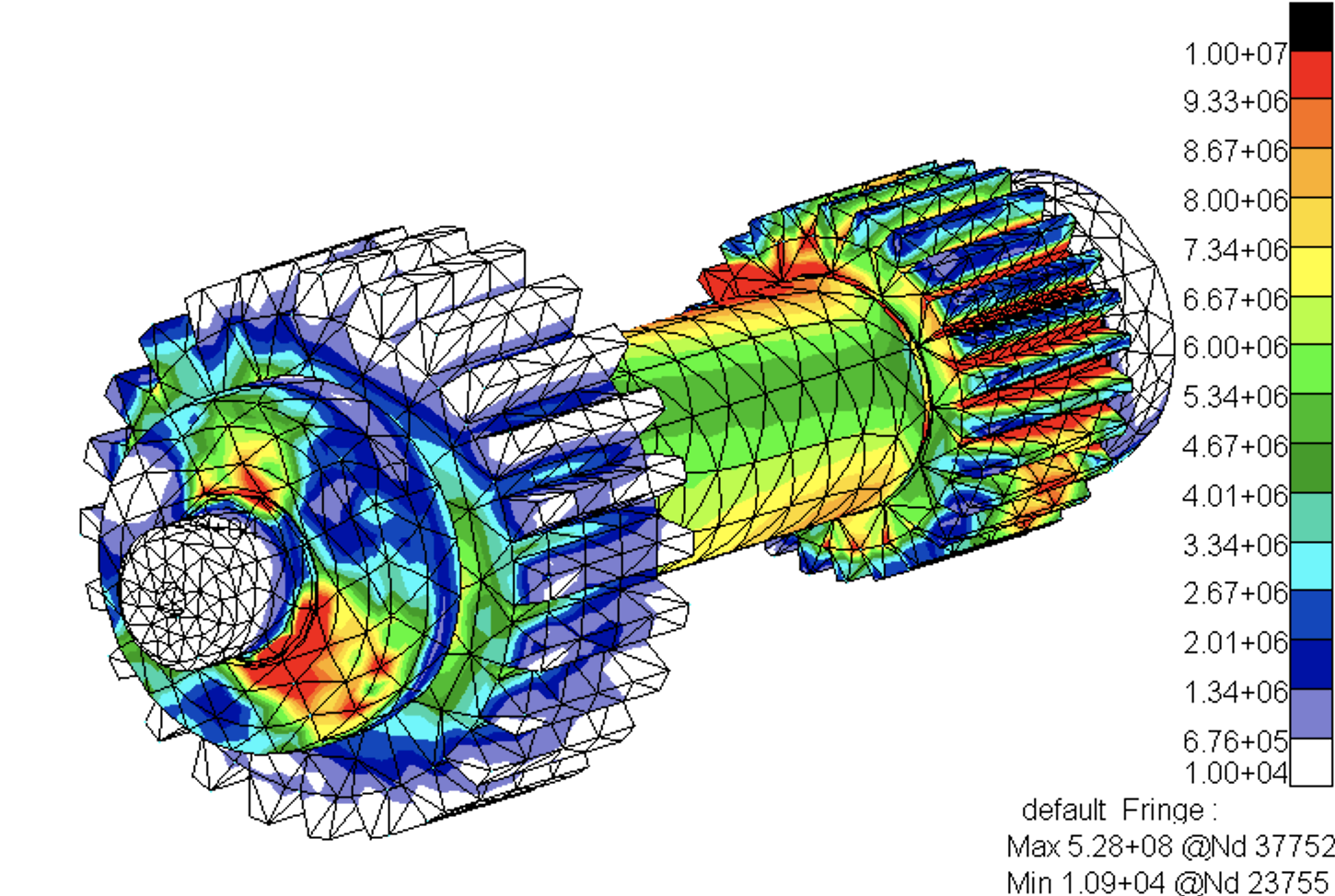 Colored finite element analysis (FEA) plot of a gear shaft, illustrating stress distribution. The legend indicates varying stress levels from blue (low) to red (high).