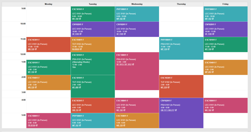 Picture of a sample first semester timetable