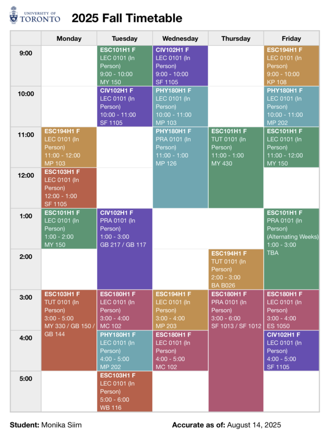 Picture of a sample first semester timetable